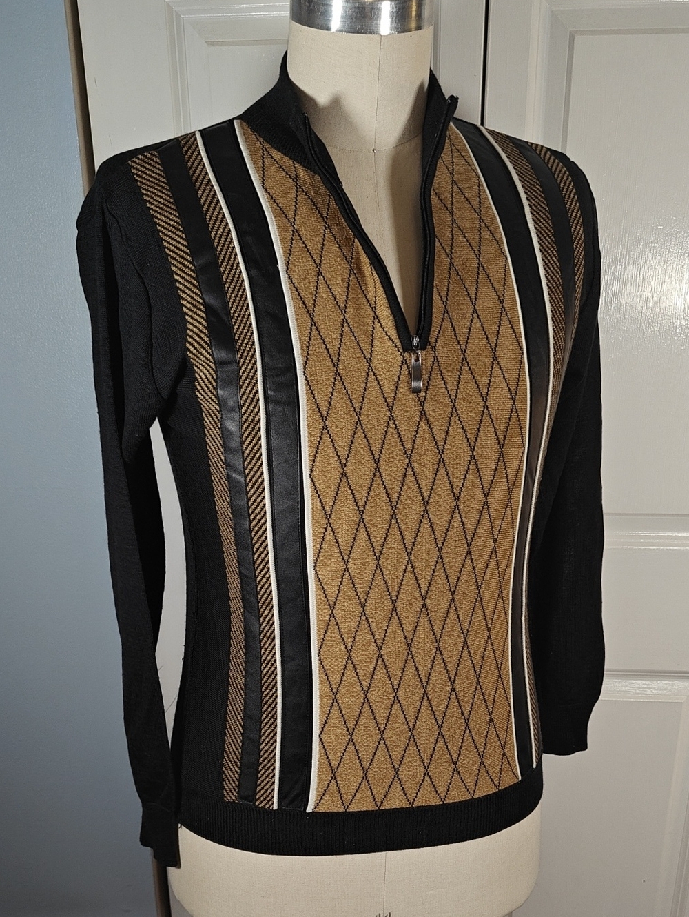 Vintage 80s Miko Men Wool Blend Diamond Pattern Quarter Zip Sweater Medium